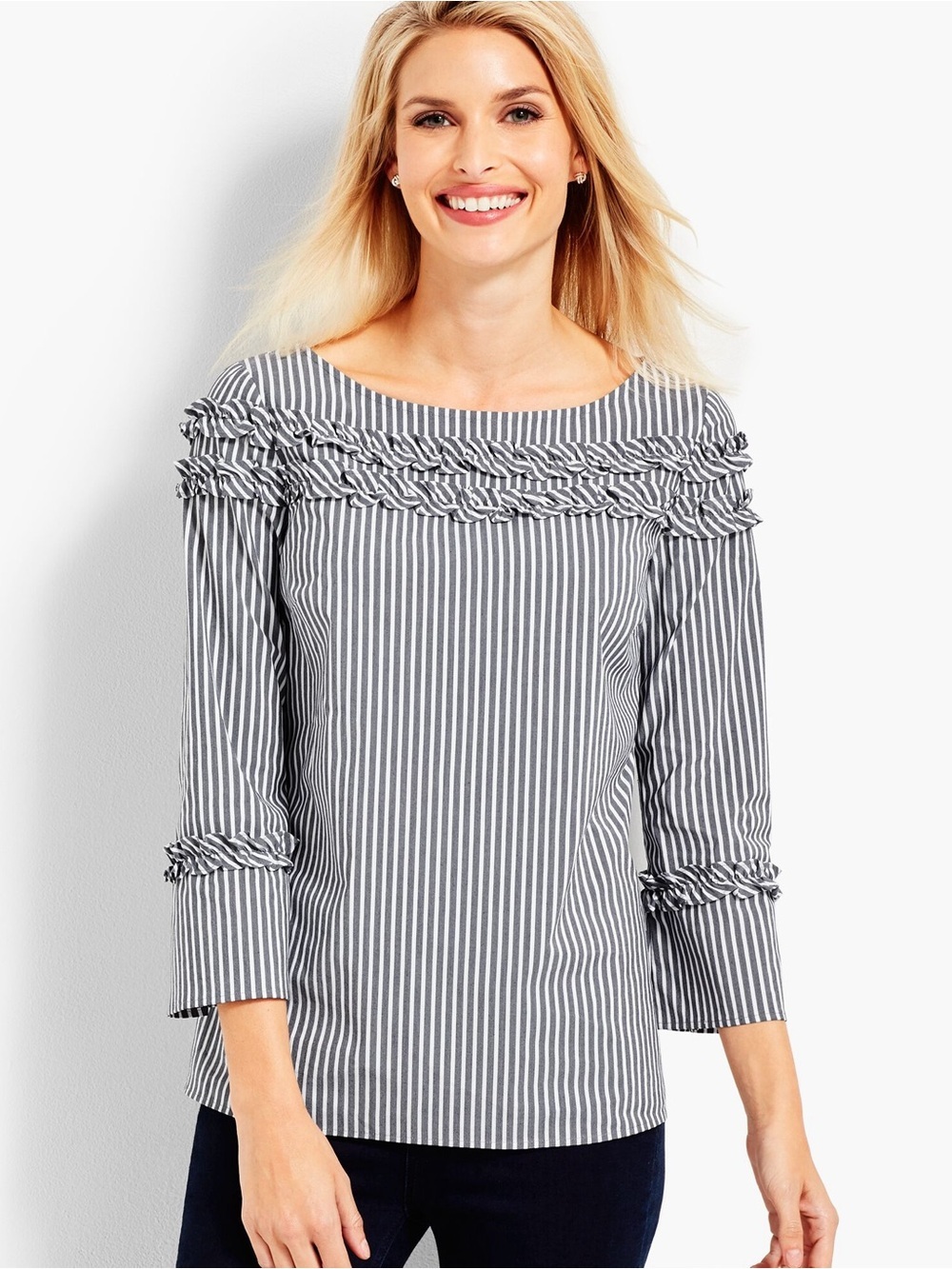 Talbots Gray White Striped Ruffle Blouse | 3/4 Sleeve | Women’s Top